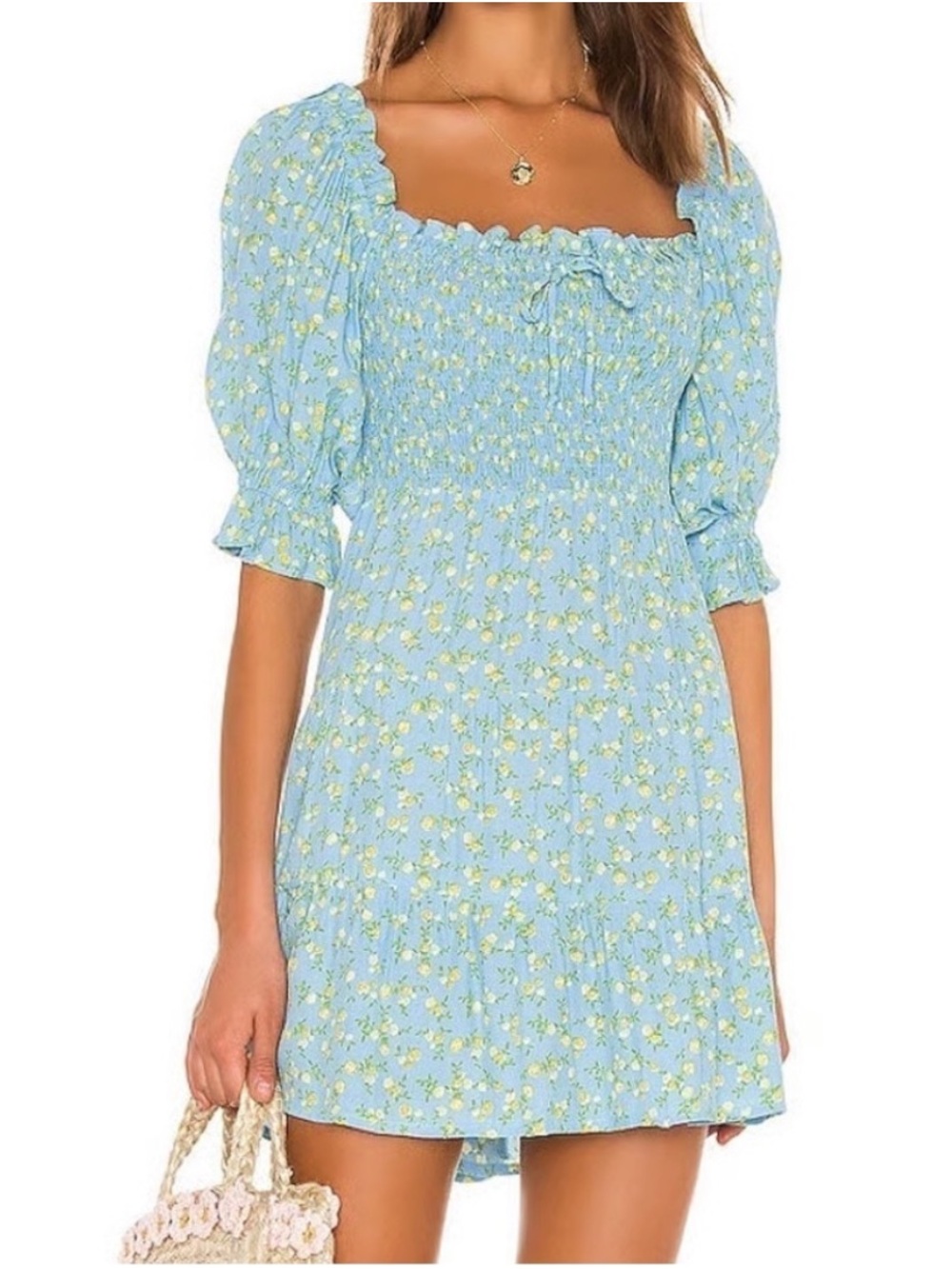 Faithfull the Brand Sky Blue Floral Smocked Mini Dress